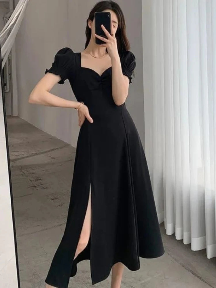 Solid Puff Short-Sleeved Elegant Slit Dress New Fashion Women V-neck Full Dresses Ladies High Waist Slim Evening Party Vestidos