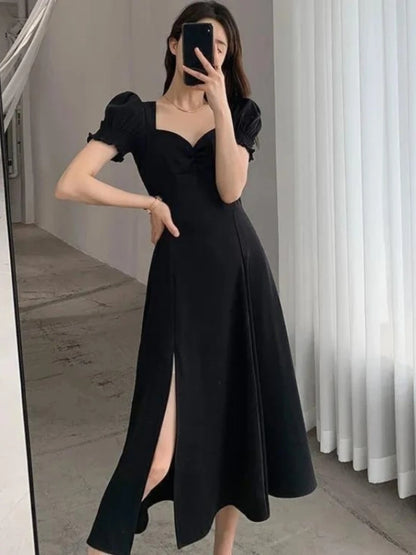 Solid Puff Short-Sleeved Elegant Slit Dress New Fashion Women V-neck Full Dresses Ladies High Waist Slim Evening Party Vestidos