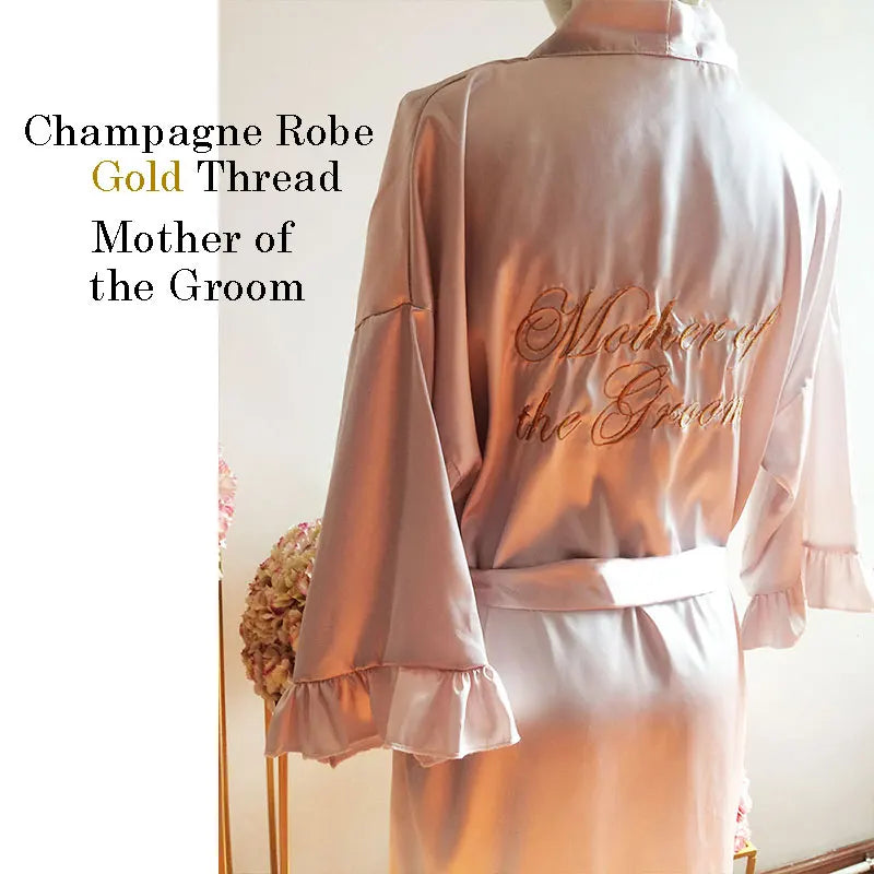 Personalized Embroidered Robe Ruffle Bridesmaids Silk Robes Bride Wedding Day Embroider Kimono Customizable Elements Kimono Robe Mother of the Groom