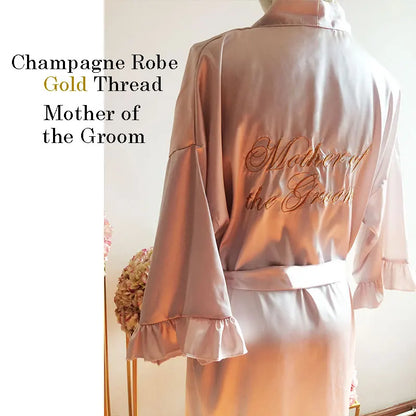 Personalized Embroidered Robe Ruffle Bridesmaids Silk Robes Bride Wedding Day Embroider Kimono Customizable Elements Kimono Robe Mother of the Groom
