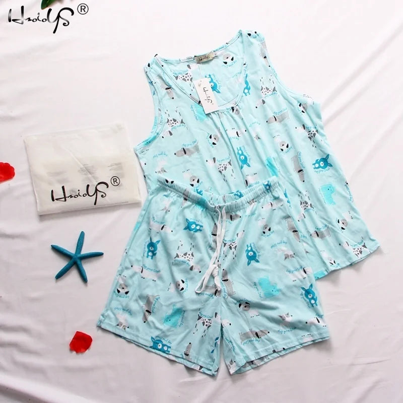 Hzioiys Summer Pajamas Sets Cotton Sleepwear Suit Women Casual Pajama Sets Cartoon Vest Shirt + Shorts Pajamas Suit Plus Size