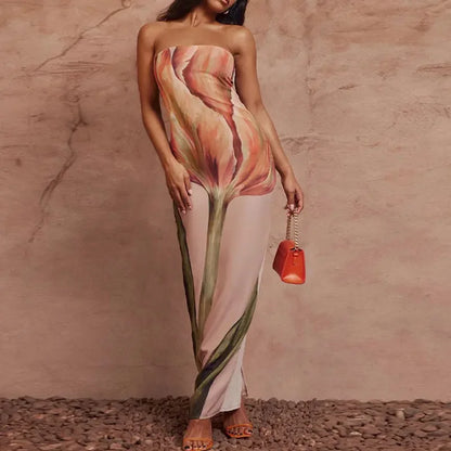 Sexy Strapless Backless Printed Long Dress Women Fashion Sleeveless Off Shoulder Vestidos 2024 Summer Lady Party Evening Robes