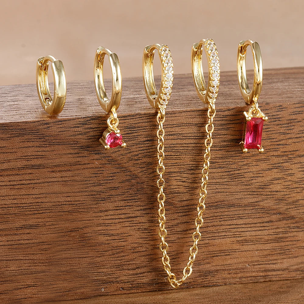 4PCS Exquisite Stainless Steel Long Chain Pendant Earrings Set for Woman Little Huggies Hoop Earrings Cartilage Piercing Jewelry gold-rose-red-4pcs