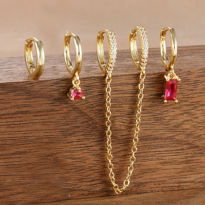 4PCS Exquisite Stainless Steel Long Chain Pendant Earrings Set for Woman Little Huggies Hoop Earrings Cartilage Piercing Jewelry gold-rose-red-4pcs