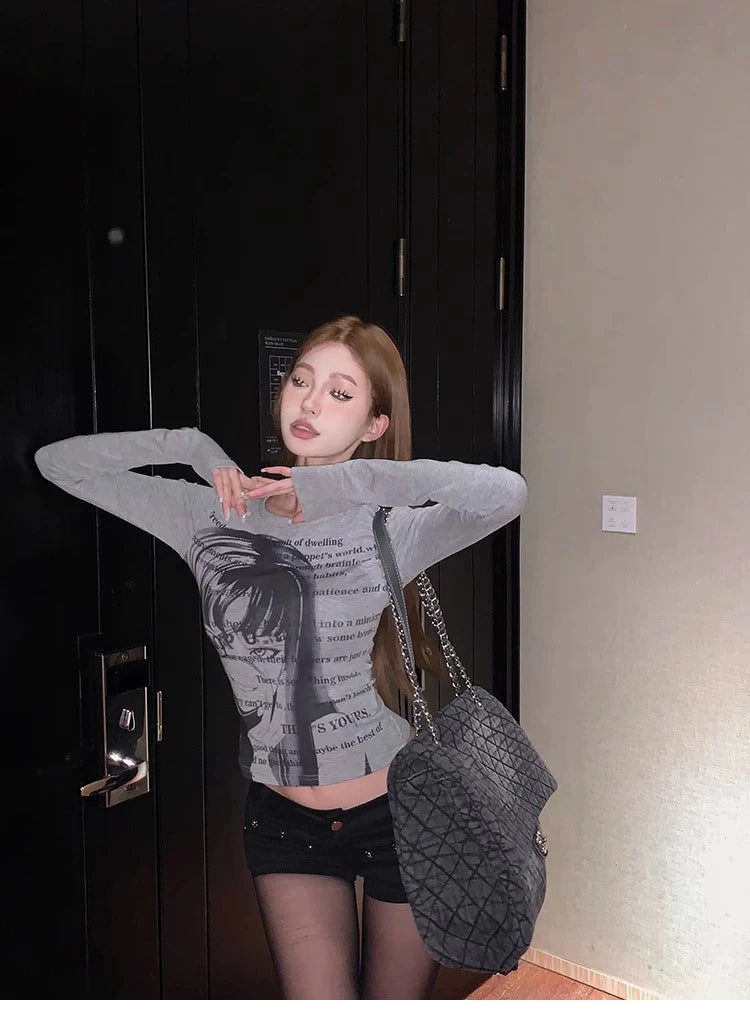 Vintage Women Y2K Clothes T-shirt Cotto Blusas O-neck Long Sleeve Tops Print Tunic Grunge Woman Clothing Fashion Casual Crop Top