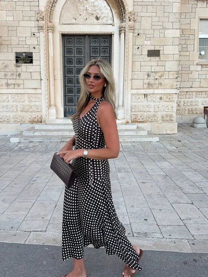 Trendix Polka Dot Print Backless Dress Women Summer Sexy Deep V Neck Sleeveless Off Shoulder Maxi Dresses Elegant Evneing Dress