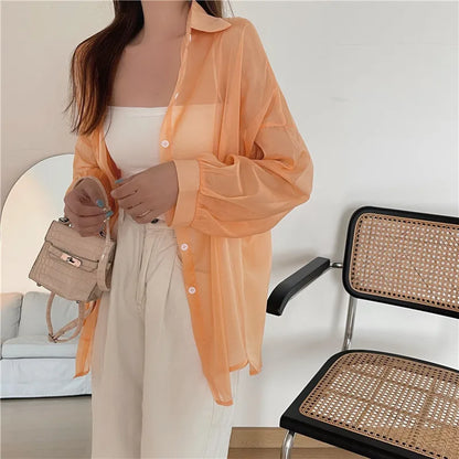 Semi Sheer Long Sleeve Shirt for Women Shimmer Button Down Collared Plain Lightweight Shirt Spring Summer Chic Tops Outfit