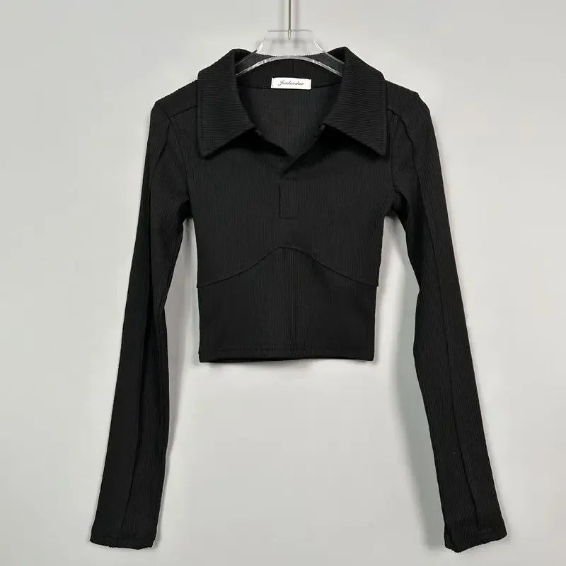 Elegant Coquette Women's Polo Neck T-Shirt - Long Sleeve, Chic Style, Effortless Elegance