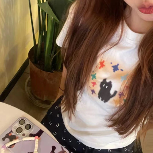 Y2k Style T-shirt Vintage Tshirt Harajuku Slim short Sleeve Shirt Crop top Streetwear women clothes Cat print baby tee Graphic