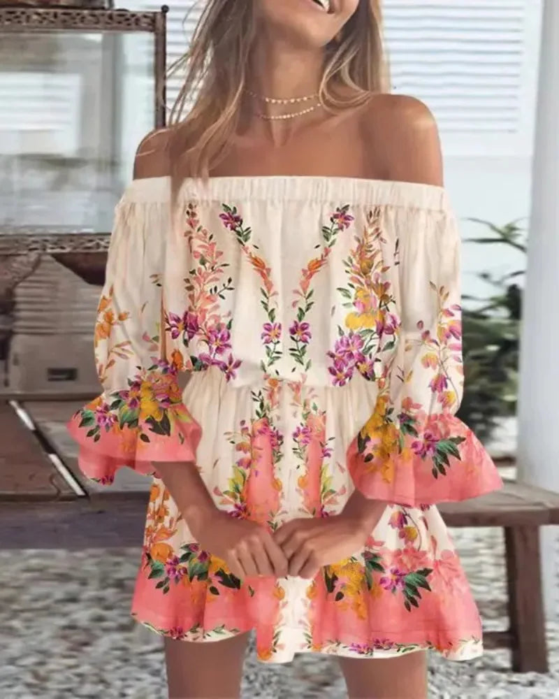 Women Sexy Top Summer Off Shoulder Floral Blouses Women 2023 Boho Casual Backless Blouse Female Holiday Slash Neck Tops Clothing Beige