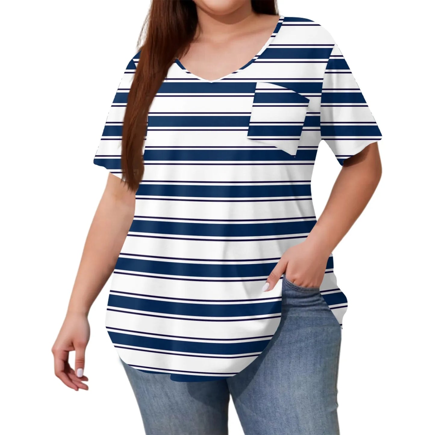 Plus Size Casual striped T-shirt For Women V neck short sleeves Loose Tops With Pocket Summer Daily Casual Plus Size Women's Top