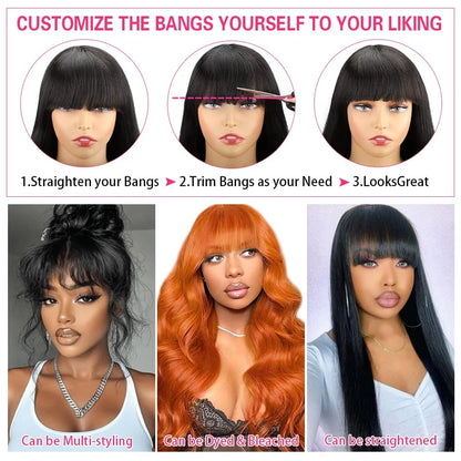 3X1 Glueless Wigs Human Hair with Bangs Body Wave Human Hair Wig with Bangs 3X1 Bleached Knots Lace Front Wig for Black Women Badiee Stylez