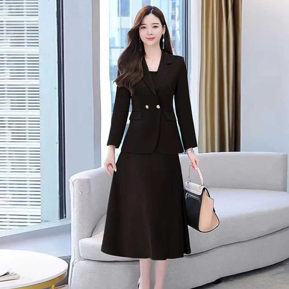 2Pcs/Set Summer Women Suit Dress Outfit Solid Color Mid-length Lady Dress Sets Light Luxury Commute Sling Dress Coat Set