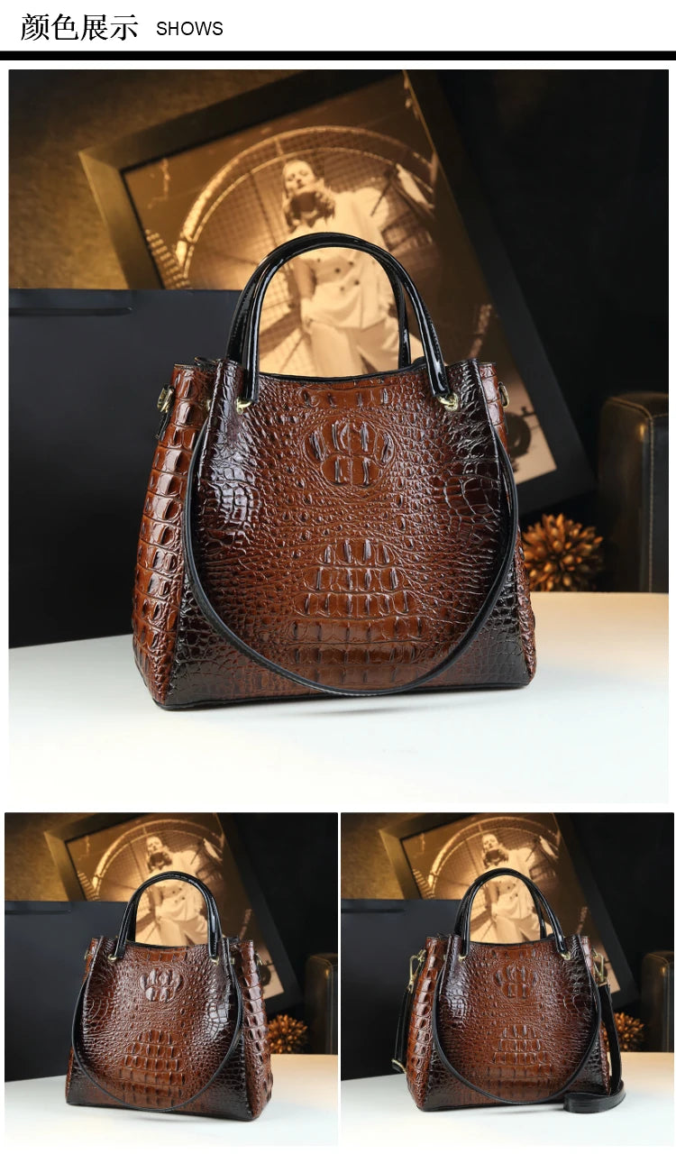 Genuine Leather Women Handbags New Tote Bag Fashion Crocodile Print Bucket Bag Retro Shoulder Messenger Bags Trend 2025