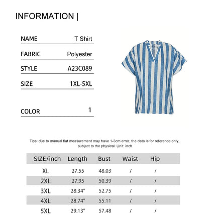 Plus Size 2024 Summer New Women's Striped Pullover T-Shirt V-Neck Short Sleeve Casual Tops Polyester