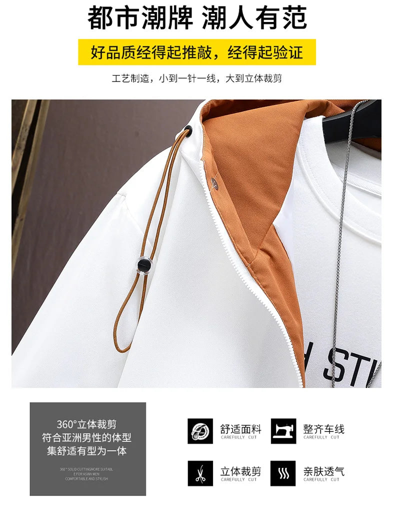 Men's Casual Hooded Jackets Autumn Patchwork Thin Coats Outwear Top Windbreaker Streetwear Male Outerwear Coat
