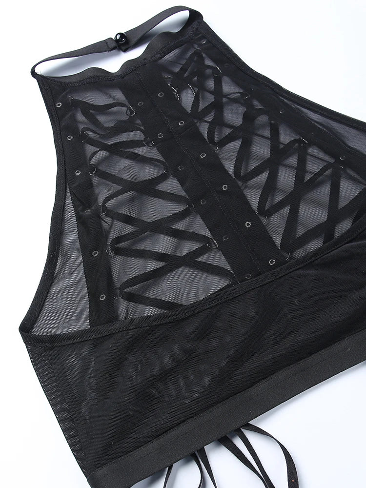 Gothic Punk Ring Halter Top Bodycon Lace Up Crop Bandage Tank Tops Y2k Mesh T Shirt Exotic Vest Sexy Hollow Out Backless Caims