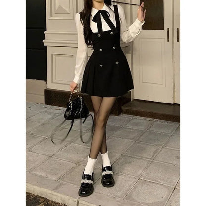 French Style Long Sleeve Mini Dress Women's Autumn Winter Slimming Design A- Line Skirt Polyester Fiber Polo Collar Empire Waist Badiee Stylez