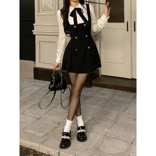 French Style Long Sleeve Mini Dress Women's Autumn Winter Slimming Design A- Line Skirt Polyester Fiber Polo Collar Empire Waist Badiee Stylez