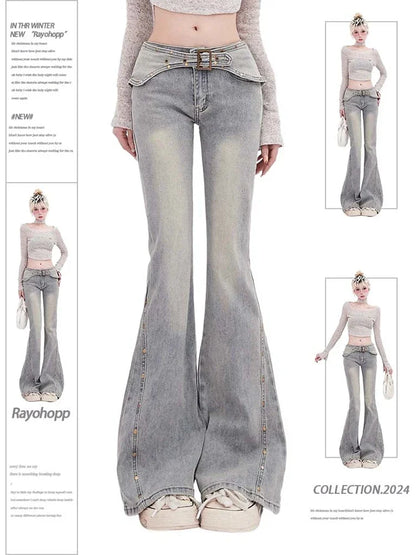 Korean Light Blue Flare Jeans Women Y2k Low Rise Vintage Denim Trousers Fashion Skinny Classic Aesthetic Harajuku Pants Light blue