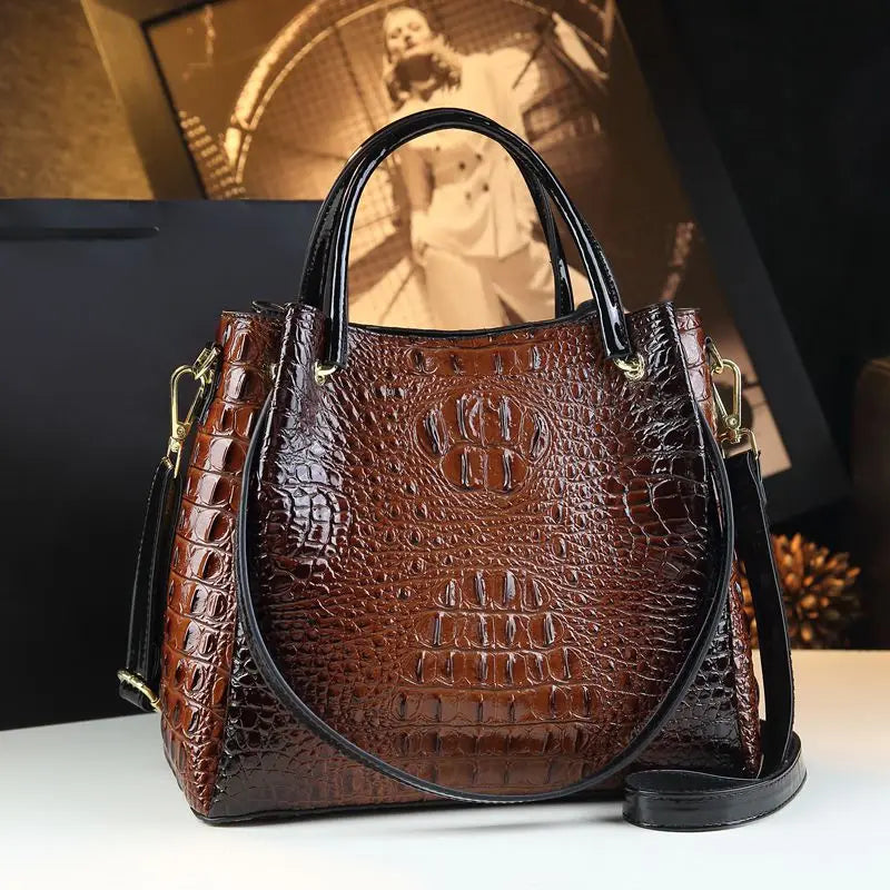 Genuine Leather Women Handbags New Tote Bag Fashion Crocodile Print Bucket Bag Retro Shoulder Messenger Bags Trend 2025 brown