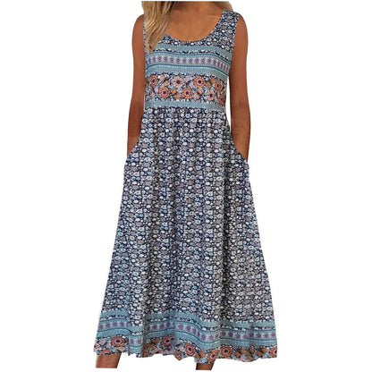 Europe and the United States 2024 spring and summer new print sleeveless pullover dress women casual plus-size dress Blue