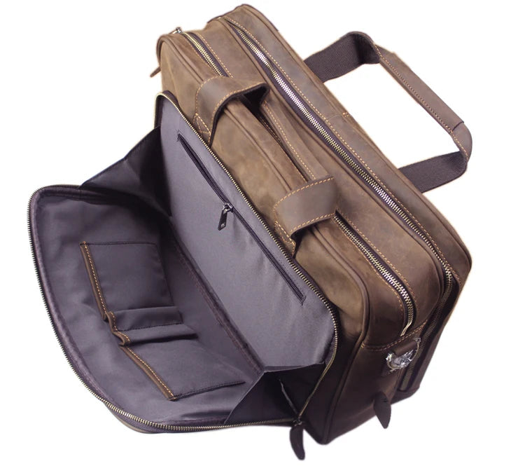 High Quality Genuine Leather Men Briefcase Business bag Crazy Horse Leather Large 17"inch Laptop Bag male Portfolio Office Case
