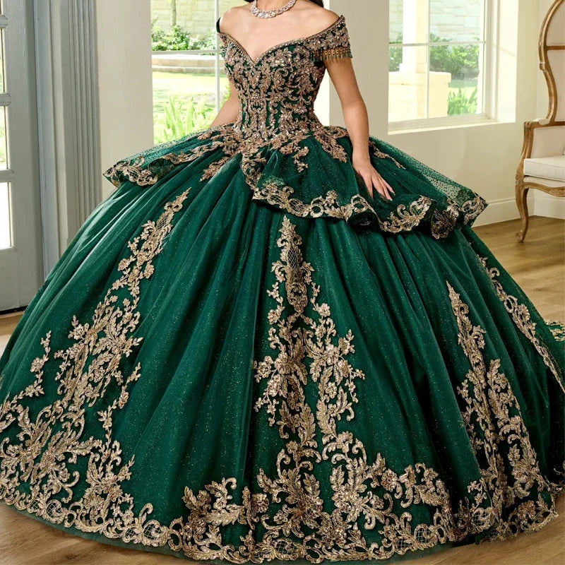 Angelsbridep Customized Emerald Green Ball Gown Quinceanera Dresses 2025 Glitter Tulle Sweet 16 Evening Dress Vestido De 15 Años Badiee Stylez