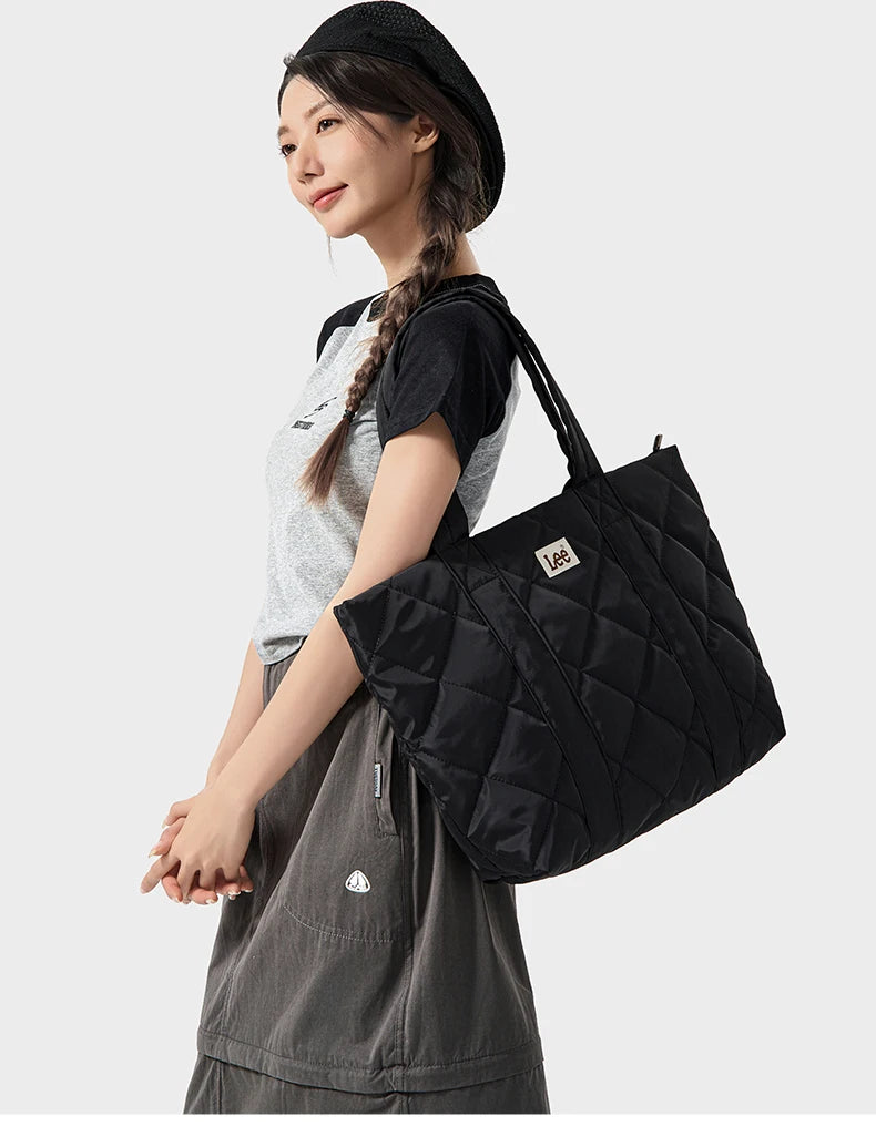 LEE Large Soft Puffer Bag Women Big Size College Students Laptop Book Quilted Tote Bag Lady Down-filled Shopping School Bags