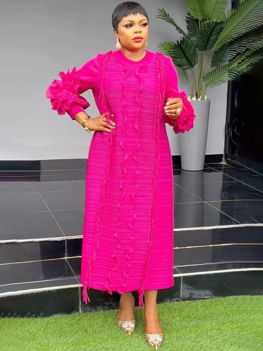 EGRM Miyake Pleated Dress Round Collar Full Sleeve Ruffles High Stretch Loose Dresses for Women 2025 New Autumn Clothing 2G3113 Rose Red One Size