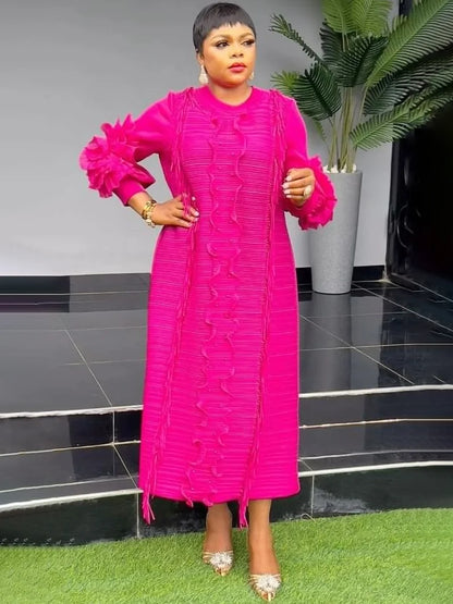 EGRM Miyake Pleated Dress Round Collar Full Sleeve Ruffles High Stretch Loose Dresses for Women 2025 New Autumn Clothing 2G3113 Rose Red One Size