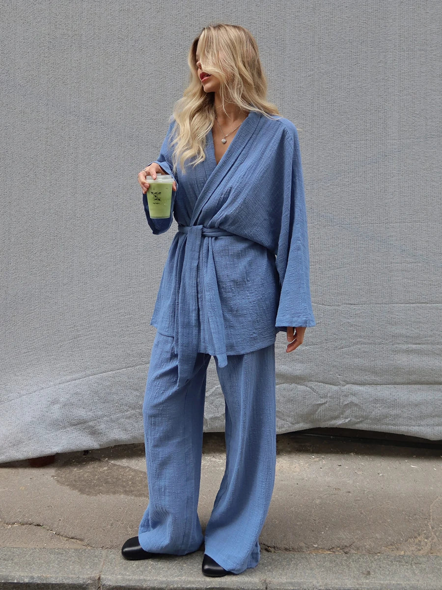 Mozuleva 2025 Autumn New 100% Cotton Women's Blue Lace Up Long Sleeve Pajama Set Loose Pants 2 Piece Leisure Homewear