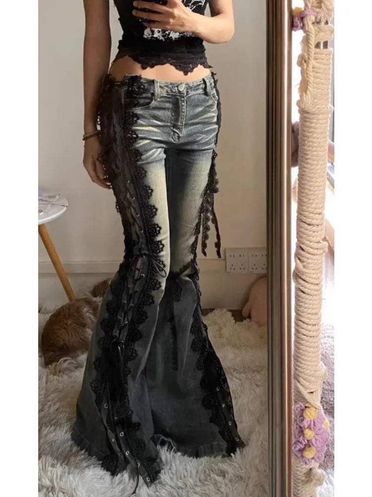 Retro Eyelets Lace Up Flare Jeans Stitch Lace Whiskers Low Rise Split Bootcut Pants Women Bell Bottoms Streetwear Y2k Aesthetic