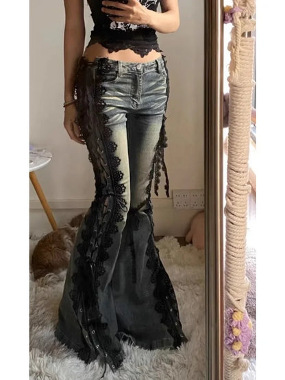 Retro Eyelets Lace Up Flare Jeans Stitch Lace Whiskers Low Rise Split Bootcut Pants Women Bell Bottoms Streetwear Y2k Aesthetic