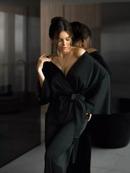 Mozuleva Solid Color Long Sleeved Pants Pajama 2-Piece Set Women's Autumn Winter Lace Up Nightgown Comfortable Home Clothing