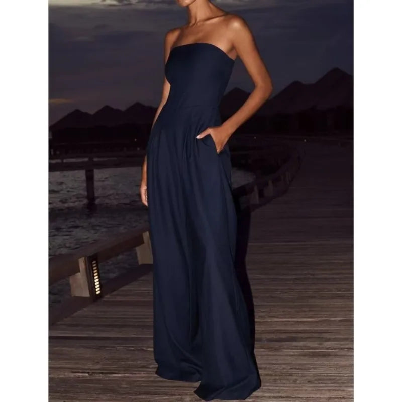 Summer Women's Jumpsuit Fashion Strapless Solid Color Sleeveless Loose Wide Legs Pants Casua Romper High Streetwear Female Cloth Badiee Stylez