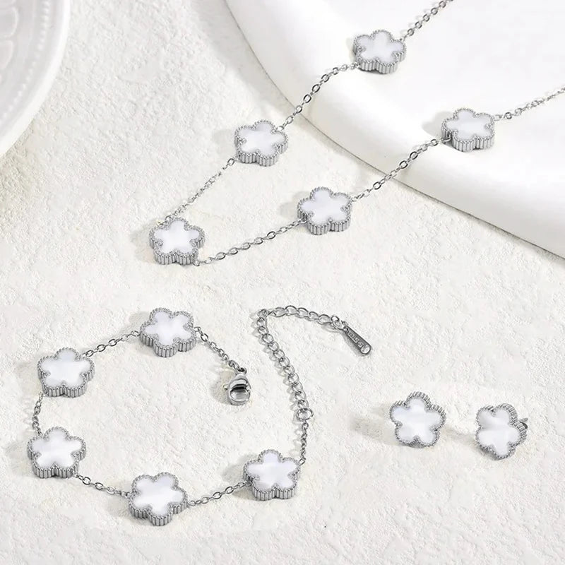 Stainless Steel Sets Earrings Necklace Bracelet Christmas Birthday Gifts Gold Plated Women's Double Sided Flower Elegant Fashion