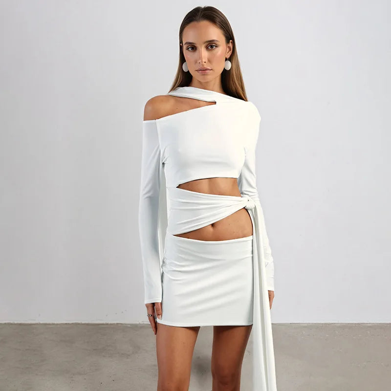 Nsauye Women New Fashion Halter Long Sleeve Mini Hollow Out Irregular Dress Outfits Elegant Sexy Night Club Lace Up Party Dress