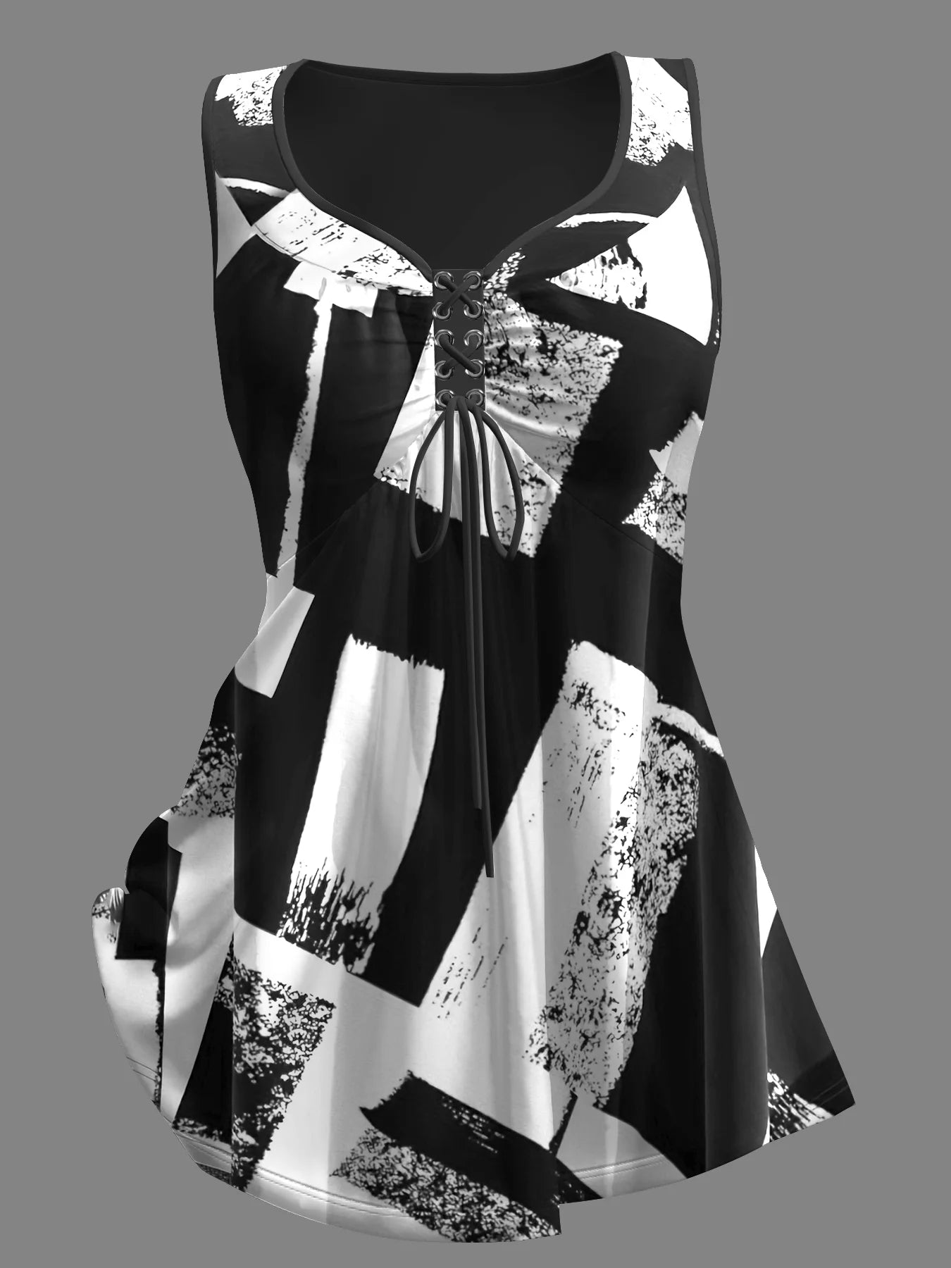 Women's Plus Size Tank Top Colorblock Curved Hem Casual Tank Top Summer Loose Soft Sleeveless Lace Up V-Neck Fashion Tanks Tops Black