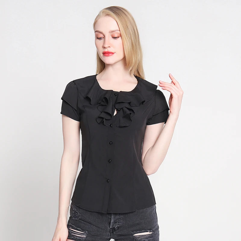New Arrival 2024 Chiffon Short Sleeve Female Blouse Shirt Fashion Ruffles Ladies White Black Office Blouses Women Clothes