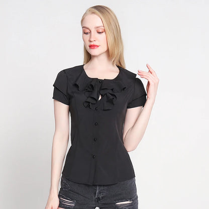 New Arrival 2024 Chiffon Short Sleeve Female Blouse Shirt Fashion Ruffles Ladies White Black Office Blouses Women Clothes