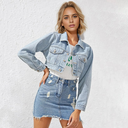 Women's Spring Denim Top with Stylish Lapel and Long Sleeves in Solid Color Individuality High-waisted, Cropped Denim Jacket Blue