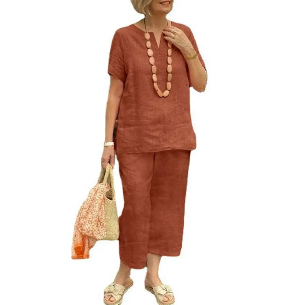 2Pcs Women Blouse Pants Set Solid Color Short Sleeve Loose Top Wide Leg Straight Pants Sets Casual Matching Tracksuit Outfit Orange