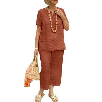 2Pcs Women Blouse Pants Set Solid Color Short Sleeve Loose Top Wide Leg Straight Pants Sets Casual Matching Tracksuit Outfit Orange