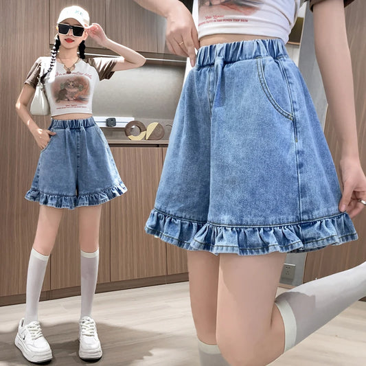 Ruffles Plus Size Denim Shorts For Women Summer 2024 Elastic Wasit Blue Color Jeans Shorts Korean Style Fashion Women's Shorts