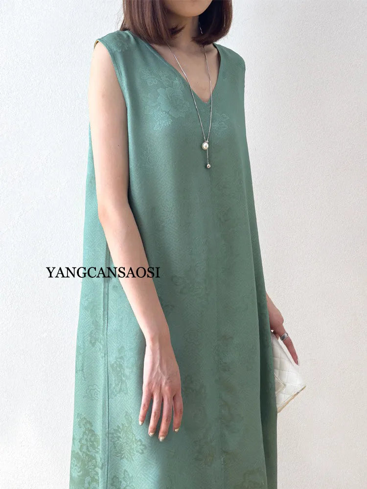 2025 Women's Summer New Luxury 100% Natural Mulberry Silk Jacquard Satin V-neck Split Double Sided Sleeveless Vest Dress Badiee Stylez