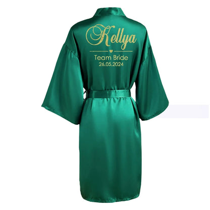Customized Name Date Wedding Bathrobe Faux Silk Bridal Robe Bride Bridesmaid Wedding Robes Woman Bachelorette Hen Party green robe
