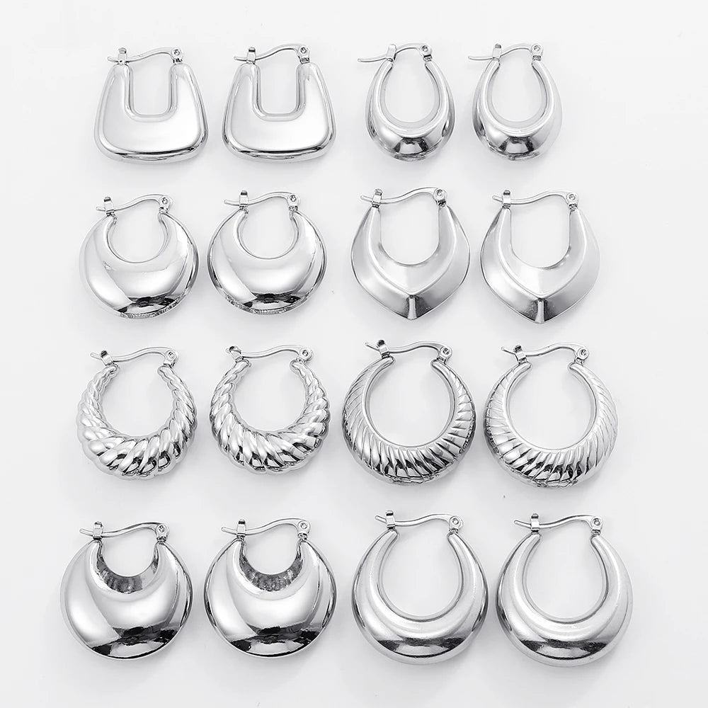 Fashion Glossy Stainless Steel Chunky Hoop Earrings for Women Gold Plated Thick Texture Geometric Circle Earring Vintage Jewelry