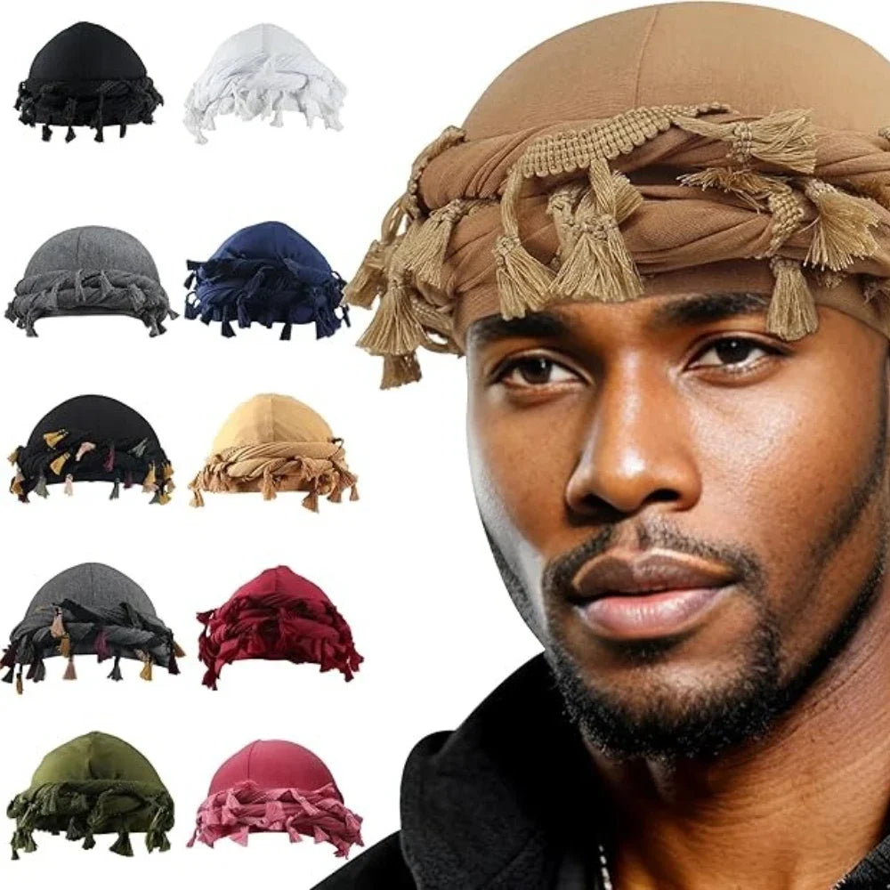 Babalet Halo Turban for Men Women Satin Lined Durag Head Wraps Skull Cap Pre-Tied Tassels Braid Beanie Vintage Twist Bonnet Badiee Stylez