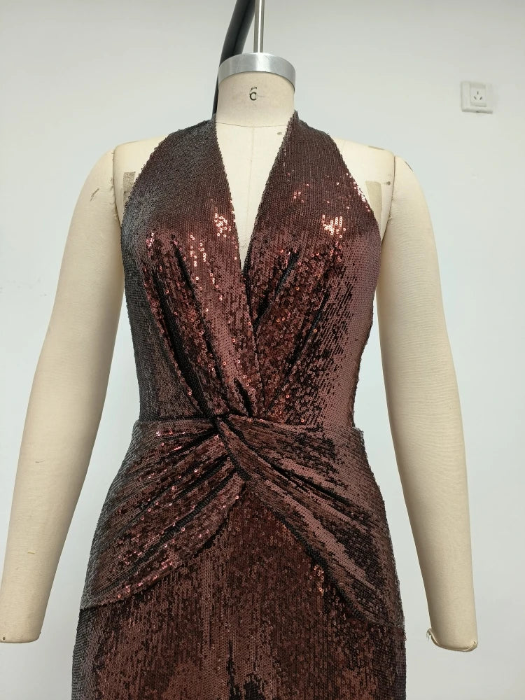 Women's Sleeveless Gold Sequin Jumpsuit Sexy V Neck Sparkle Sequined High Waist Wide Leg Pants Jumpsuit Celebrity Evening Party Badiee Stylez